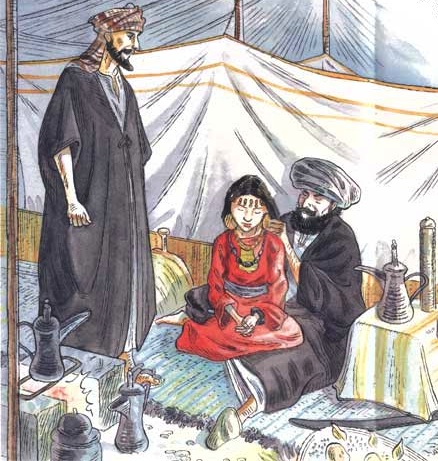 Historical illustration of Abu Bakr, Aisha, and Prophet Muhammad